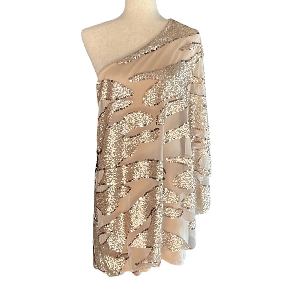 Bebe One Shoulder Rose Gold Sequined Overlay Dress - Image 11