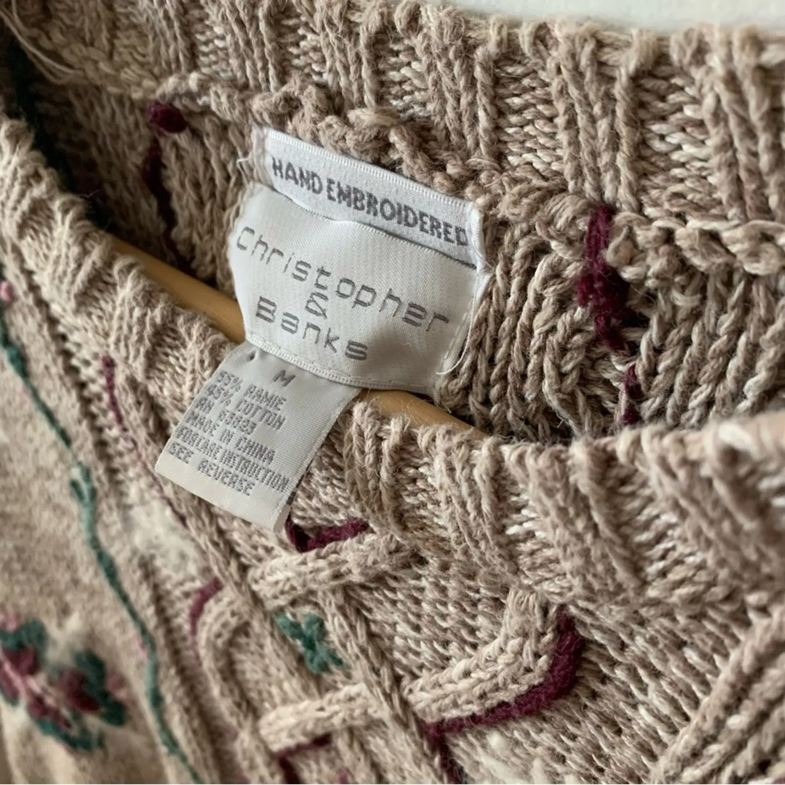 Christopher & Banks Vintage Hand Embroidered Crewneck Sweater Tan Green Purple M - Image 2