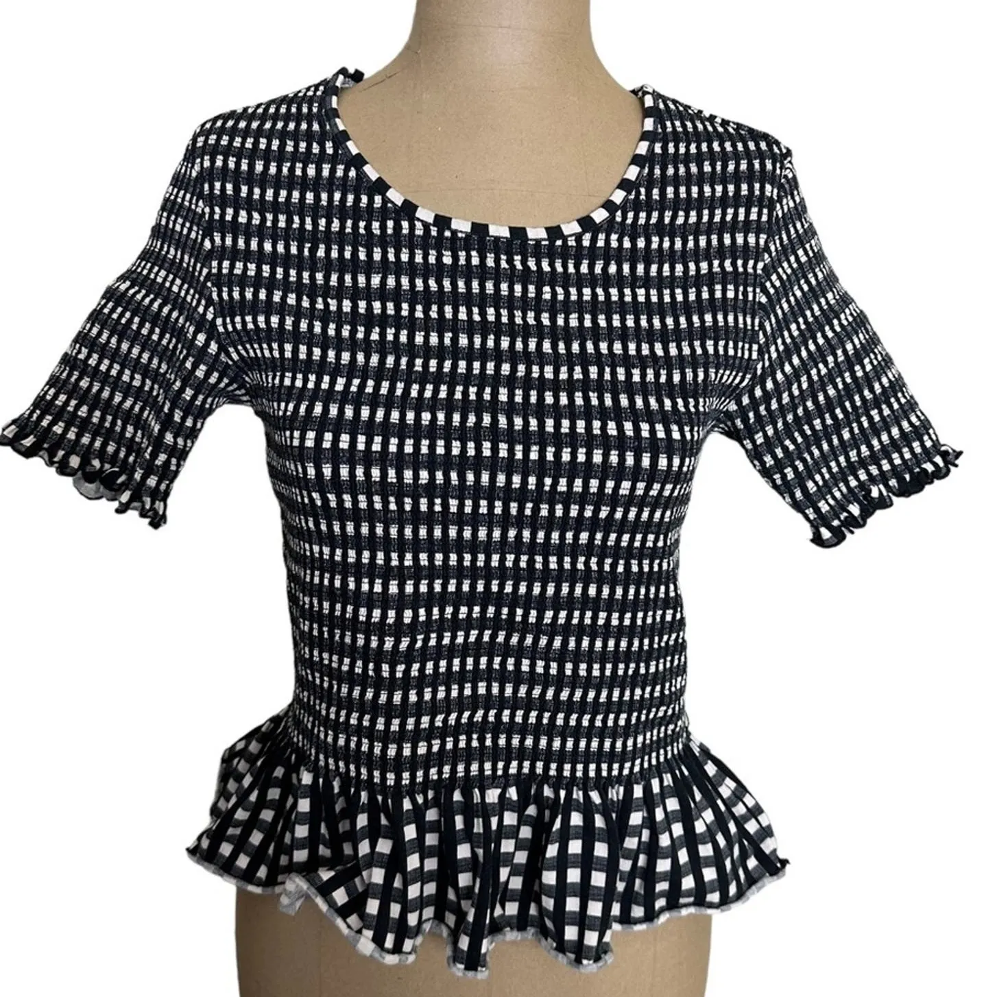 Scotch & Soda Peplum Blouse Short Sleeve Black Gingham Smocked size Small - Image 3