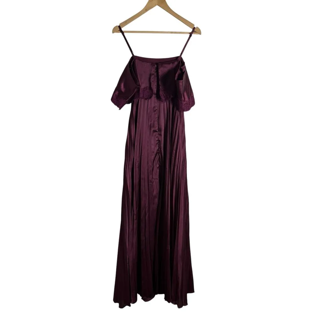ASOS Plum Burgundy Satin Lace Trim Pleated Cold Shoulder Maxi Dress Size 4 - Image 9