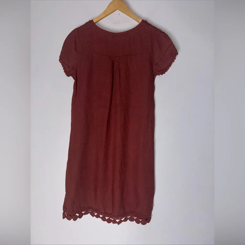 bellambra linen‎ dress Marroon Brown Short Sleeve Crochet Hem Detail Small Red - Image 2