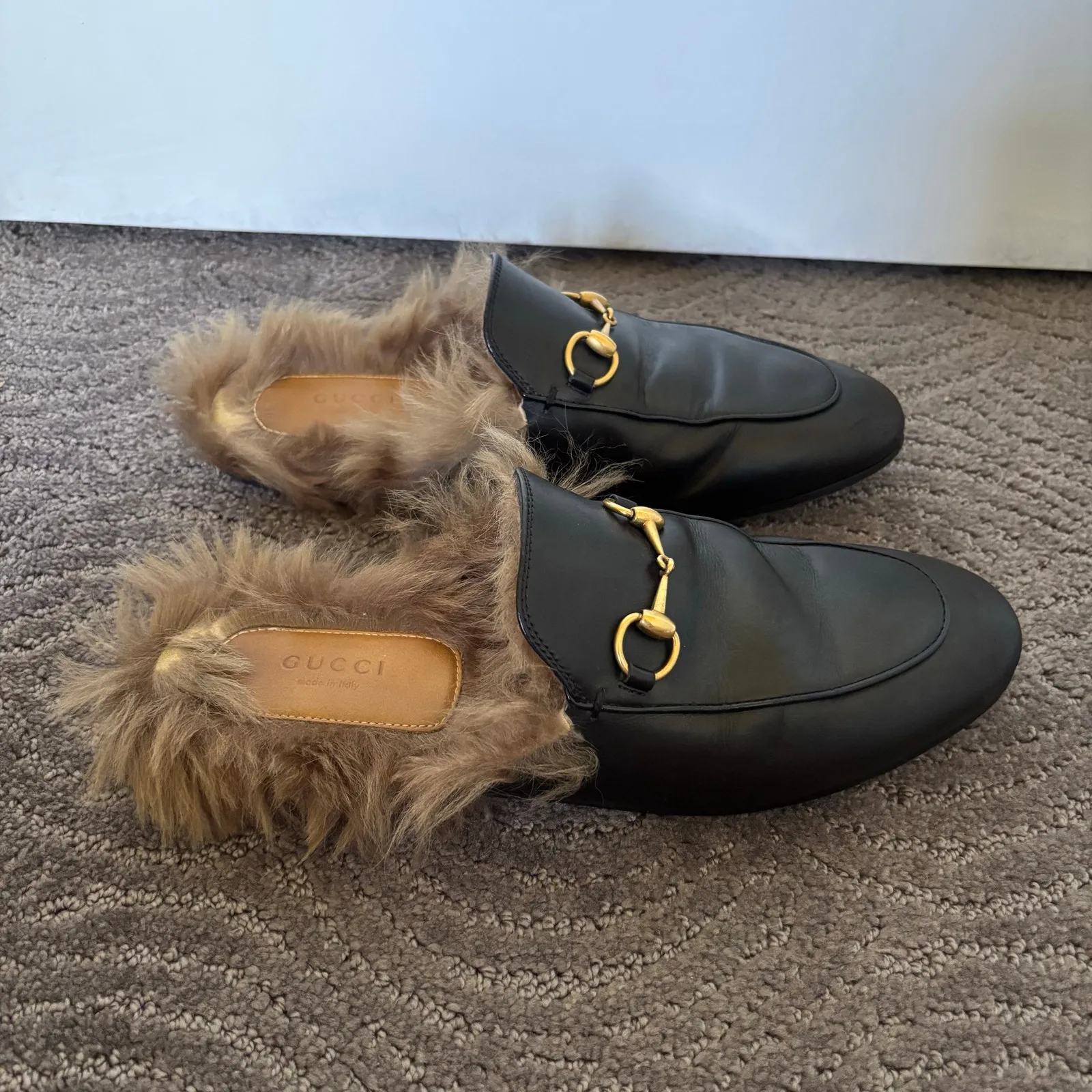 Gucci Princetown Horsebit Fur Lined Flat Loafer Mule Black Leather Size EU 38.5 - Image 7