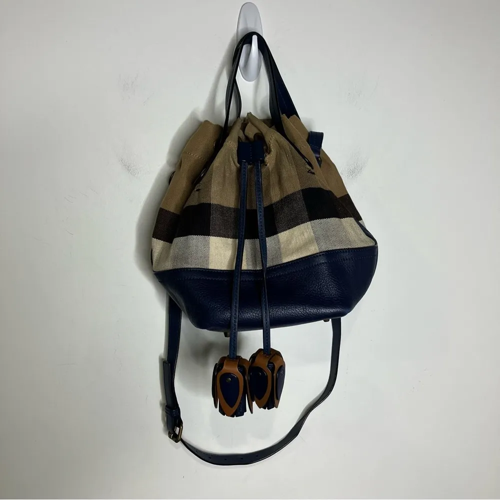 Burberry house check Heston bucket‎ bag blue tan canvas & leather flower tassels - Image 3