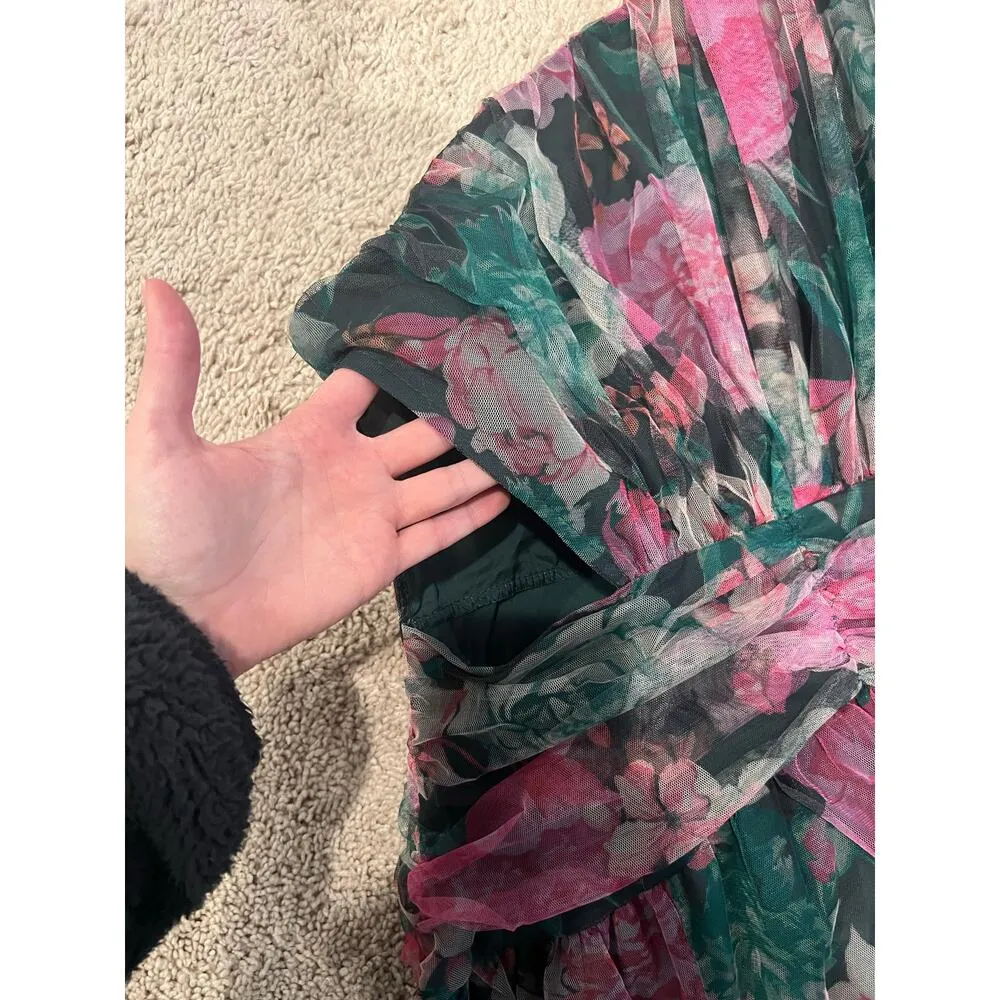 Floral Lined Mesh Maxi Dress Cutout Gown Green Pink Prom Homecoming Ball Medium - Image 4