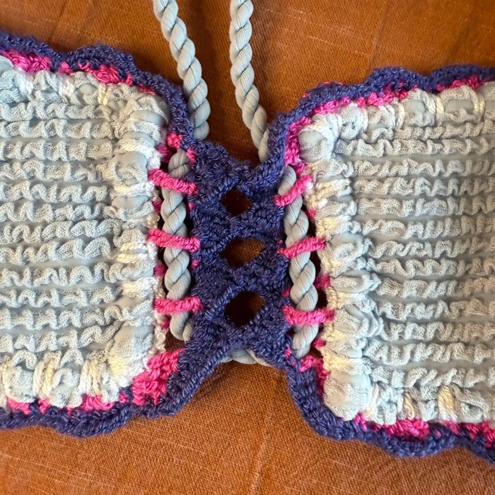 DESPI BR Fancy Crochet Bandeau Bikini Top in Light Blue Purple & Pink size M NWT Size M - Image 11