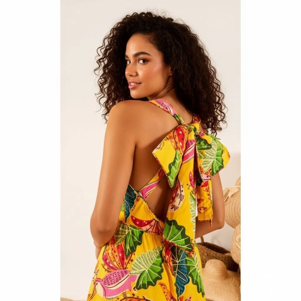 NWT FARM Rio Beaks & Bananas Maxi in Yellow Cotton Bow Back Tank Dress L $235 - Image 2