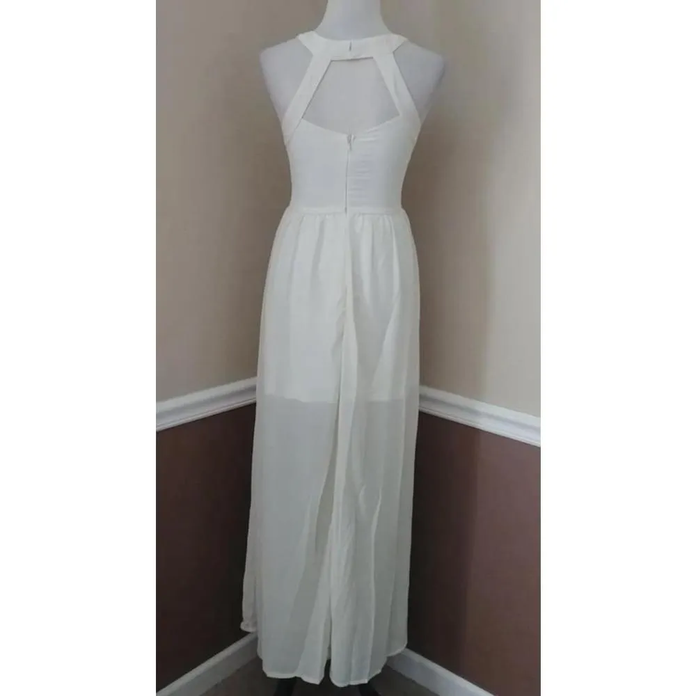 NEW Modcloth Marineblu Cream Chiffon Flowy Beaded w Gold Embroidery Maxi Dress S - Image 5