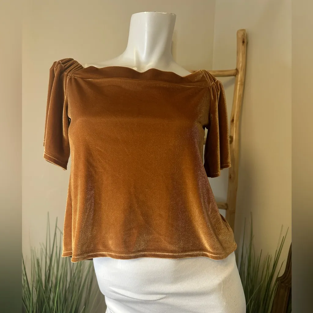 Sun & Shadow Velvet Off Shoulder Top Gold XS - Image 4
