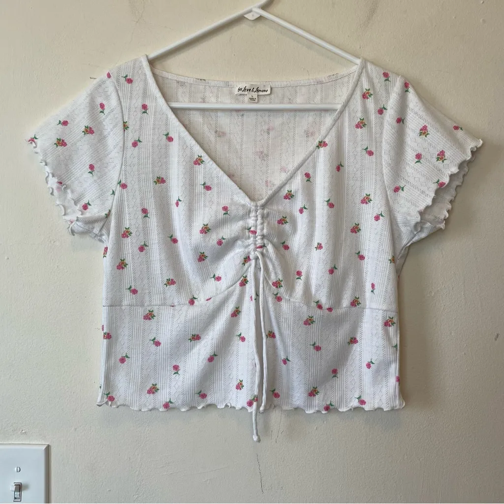 For Love & Lemons Blossom Pointelle Floral Short Sleeve Blouse White/Pink Large - Image 3