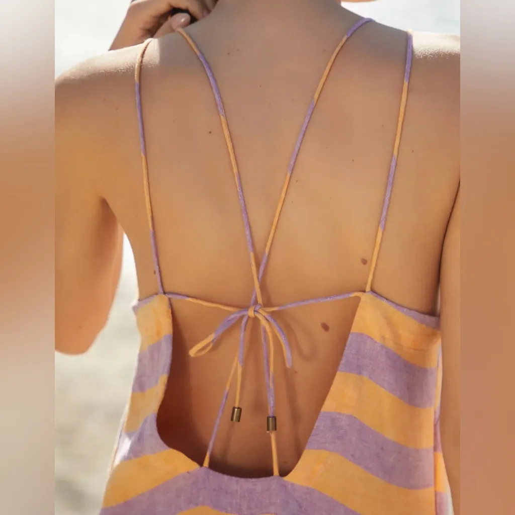 By Anthropologie Grommet Halter Stripe Linen Maxi Dress Lilac & Peach Size Large - Image 5