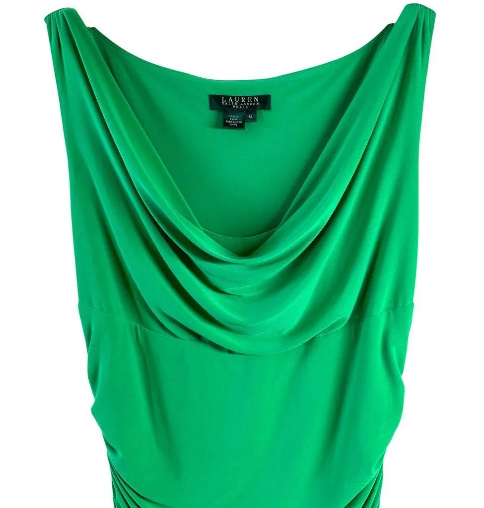 Ralph Lauren Kelly Green Draped Ruched Jersey Sheath Dress Size 12 - Image 3