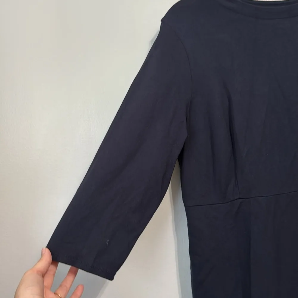 J Jill Ponte Knit Navy Blue Midi Ruffle Hem Dress Size Medium Petite - Image 4