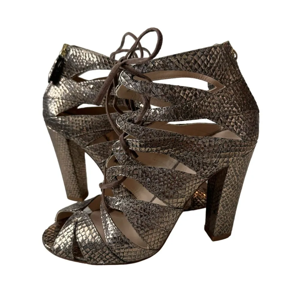 DELMAN Gold Metallic Leather Lace Up Heels Size 7 - Image 2