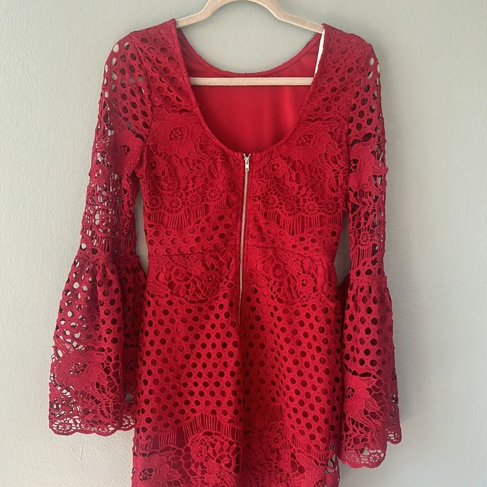 Crochet Cherry Red Mini-dress with Bell Sleeves - Image 4