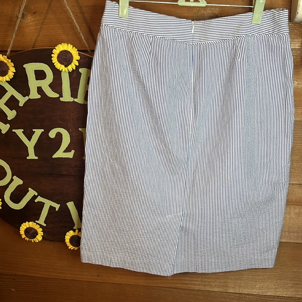 Brooks Brothers Blue White Stripe Seersucker A-Line Midi Skirt Stretch Preppy 8 - Image 3