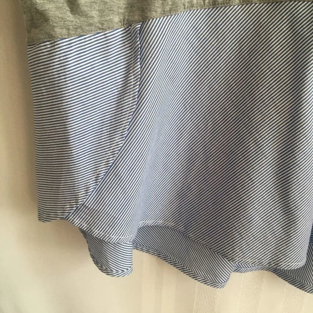 Marled Mixed Media Bell Sleeve Blouse Gray Medium Blue Pinstripe Top Cotton Gray - Image 7