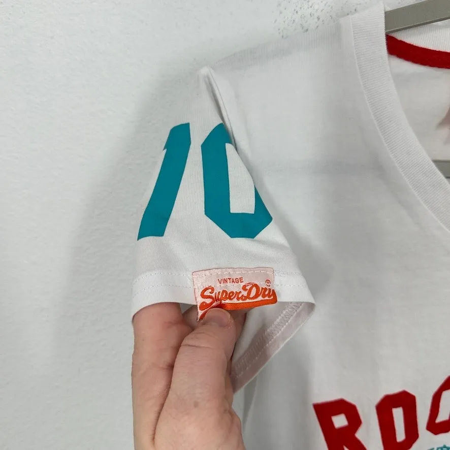 Superdry Womens Size M White JPN Rockets Graphic V Neck T Shirt Tee Casual - Image 4