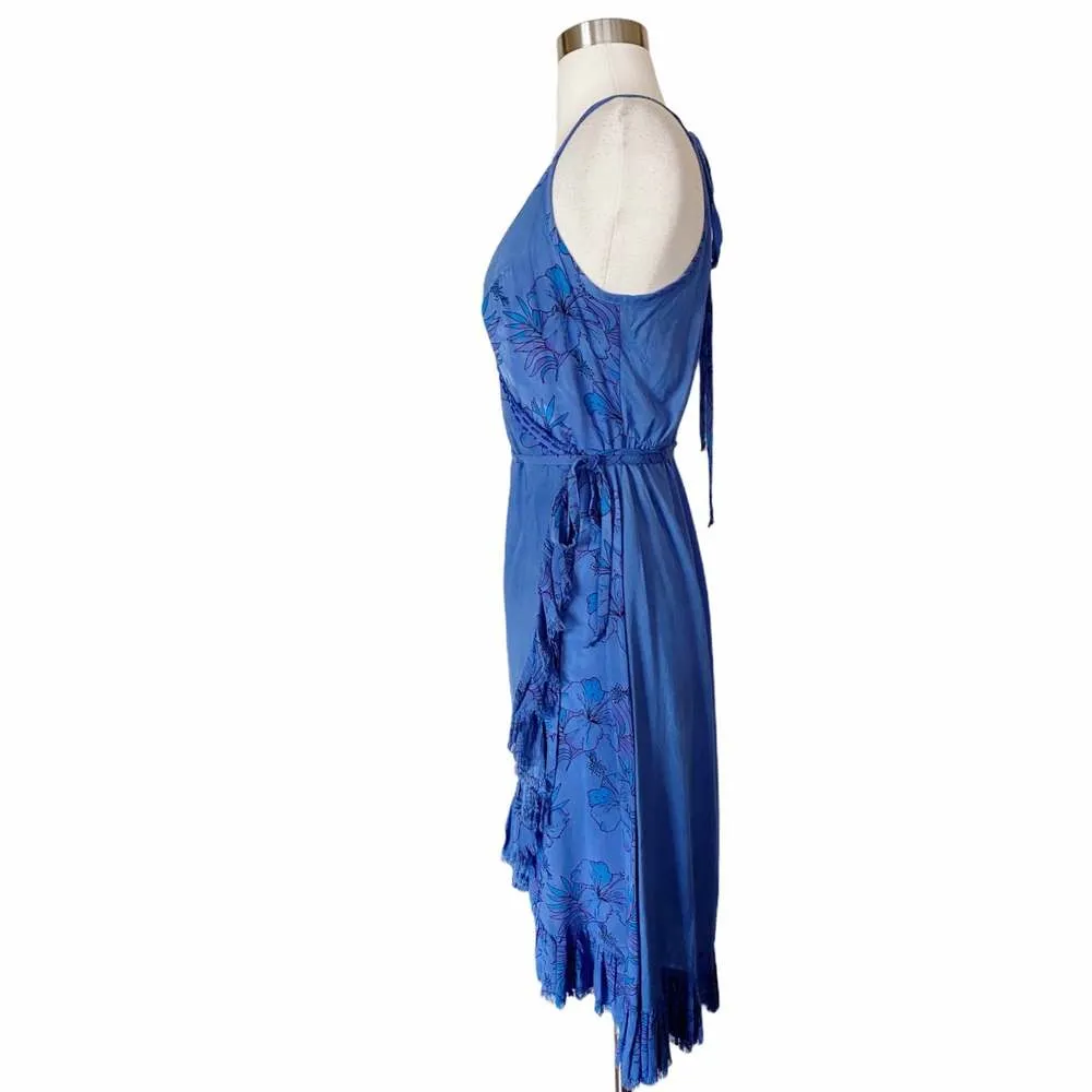 Resort Midi Wrap Dress by T. ZOVICH Cobalt Blue Sleeveless Tan Raw Hem Small - Image 5