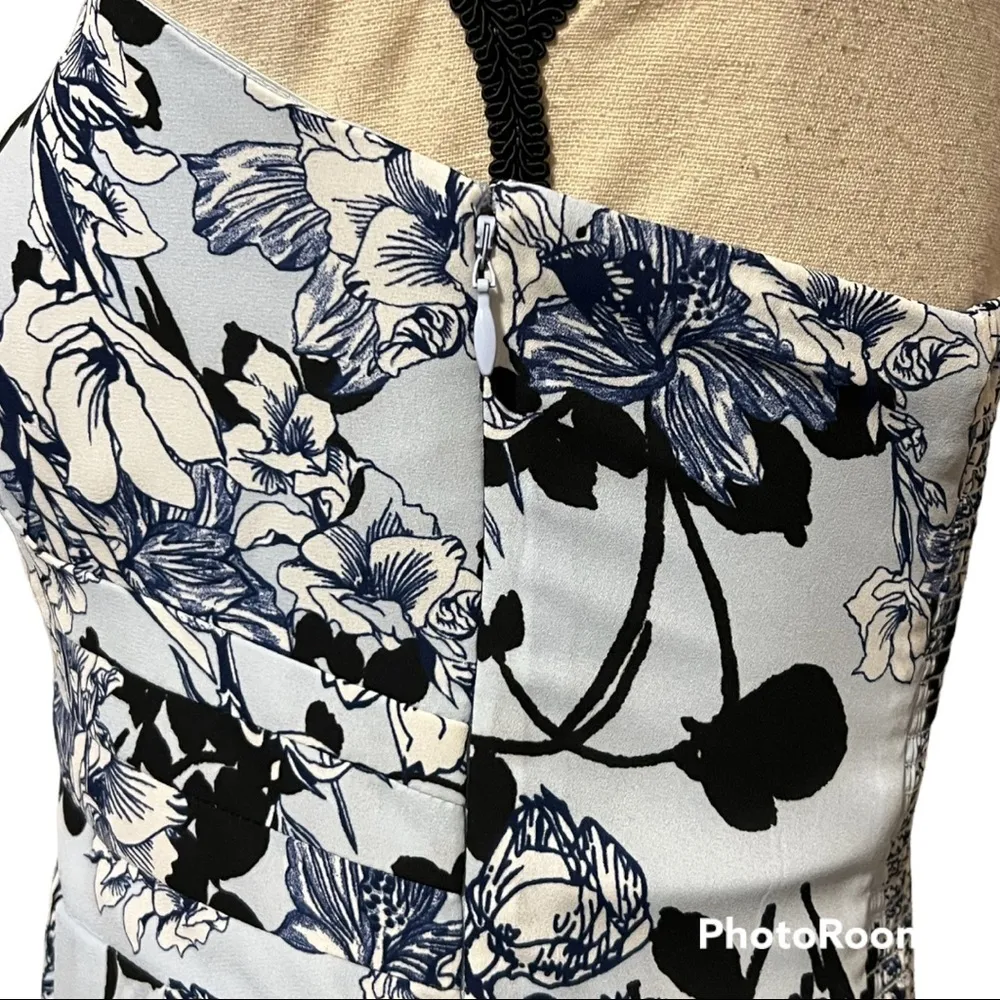 Express size 6 fit and flare strapless dress floral print blue black zips close - Image 14