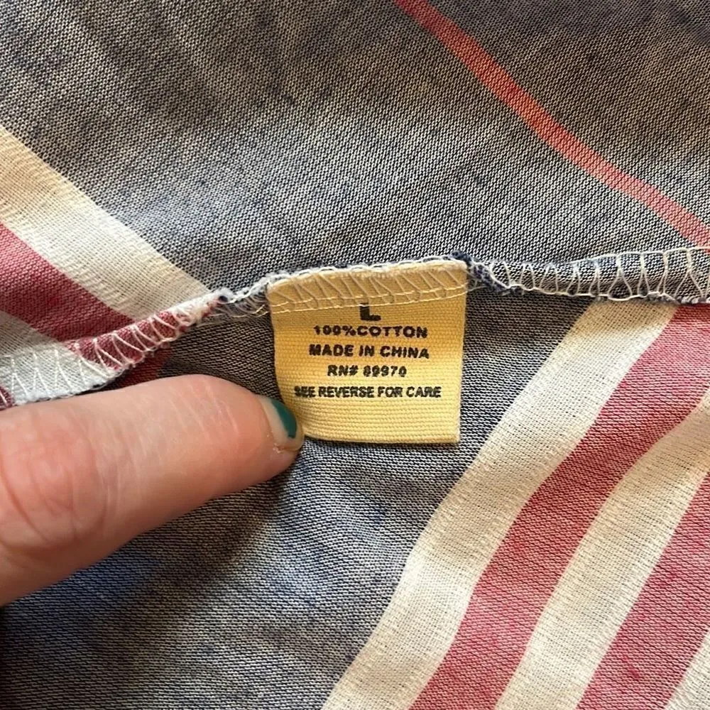 𝅺Love Notes EUC Red White Blue Stripe Button Down Peplum Cuff Sleeve Blouse Sz L - Image 6