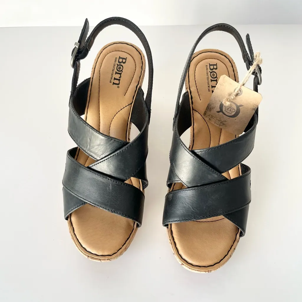 Born Alaina Wedge Sandals black leather 8 NEW - Image 3