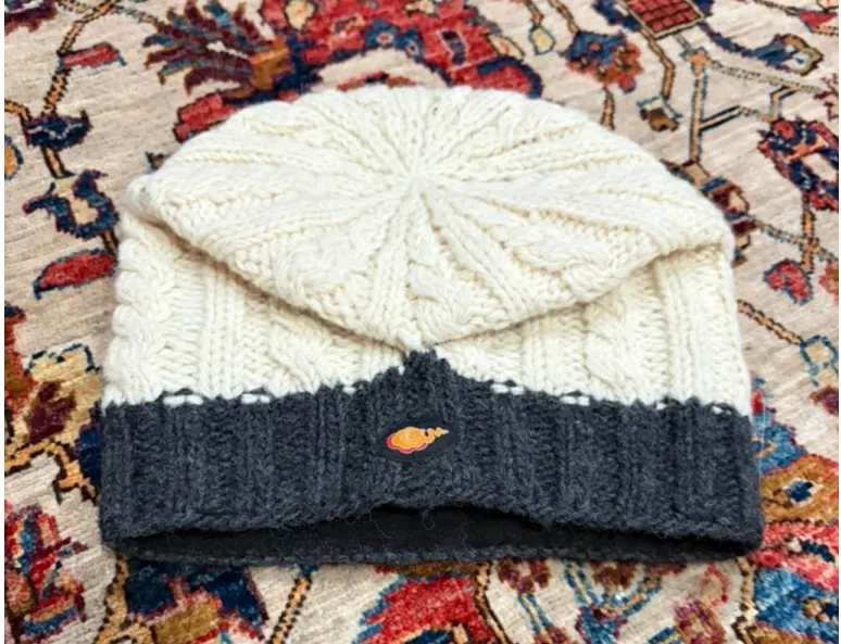 Everest Designs Hand Knit Wool Beanie Hat Nepal Cream Cable Knit Fleece Lined Wa - Image 1