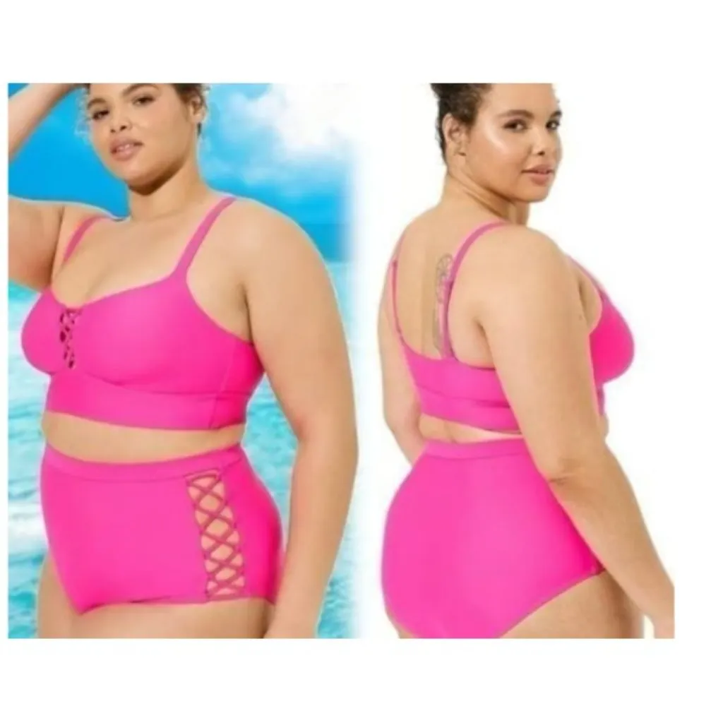 *Torrid 2 Pc Swimsuit Womens Plus 3 Hot Pink Bralette Brief Lace Up Beach Bikini - Image 2