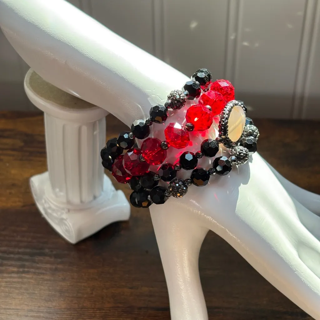 4 Pcs Red & Black Beaded Crystal Wrap Bracelet Faceted Vintage - Image 3