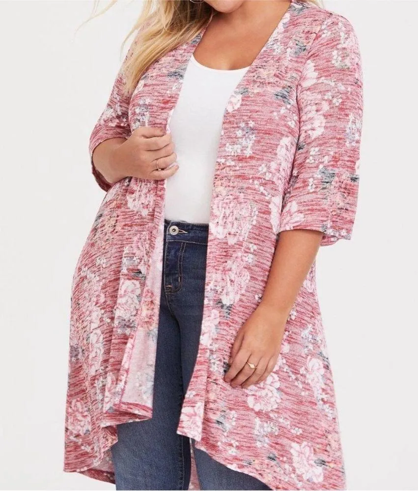 Torrid Kimono Hi Low Duster Pink Floral Print Sz M/L - Image 2