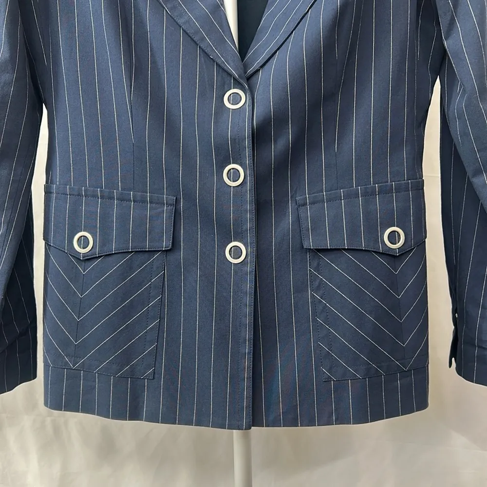 Cabi Navy Blue Pinstriped Cotton Blend Blazer Button Snap Buttons Sz 10 - Image 4