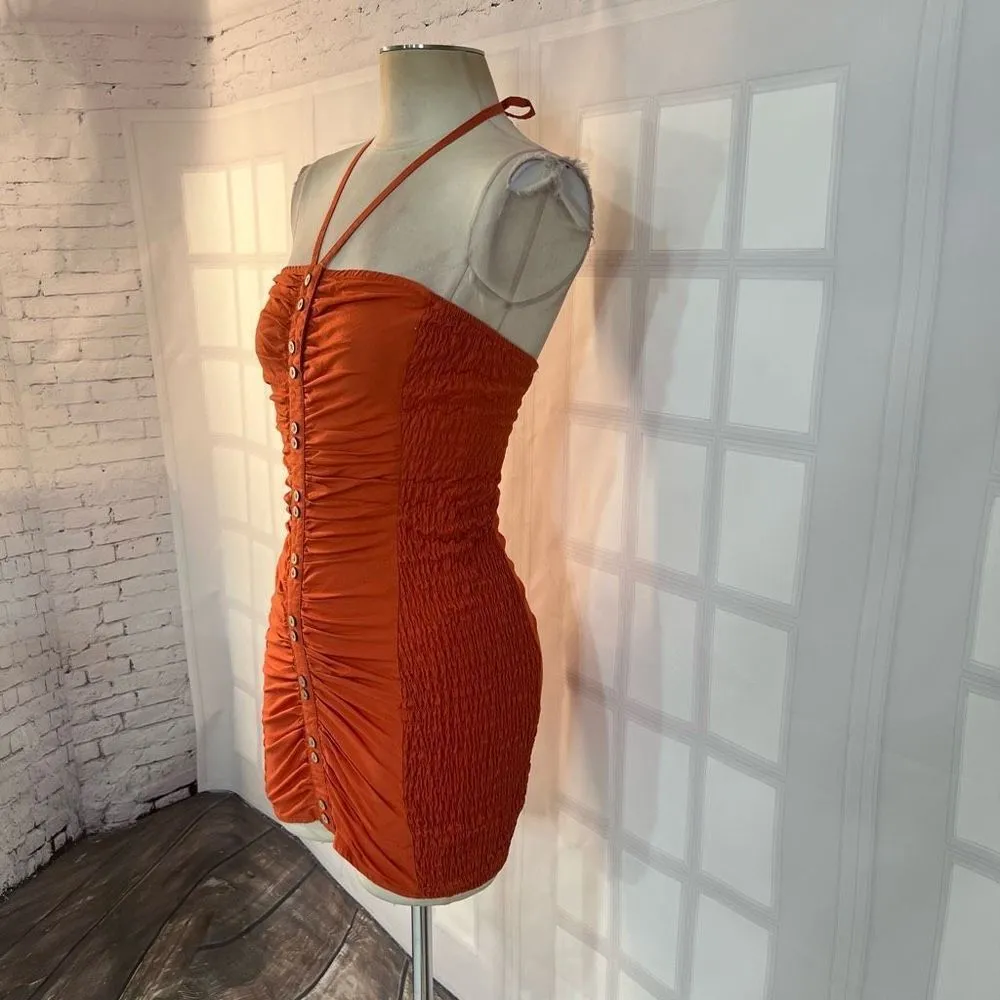 FREE PEOPLE WOMEN'S HOLD ON burnt orange smocked MINI DRESS size xs - Image 5