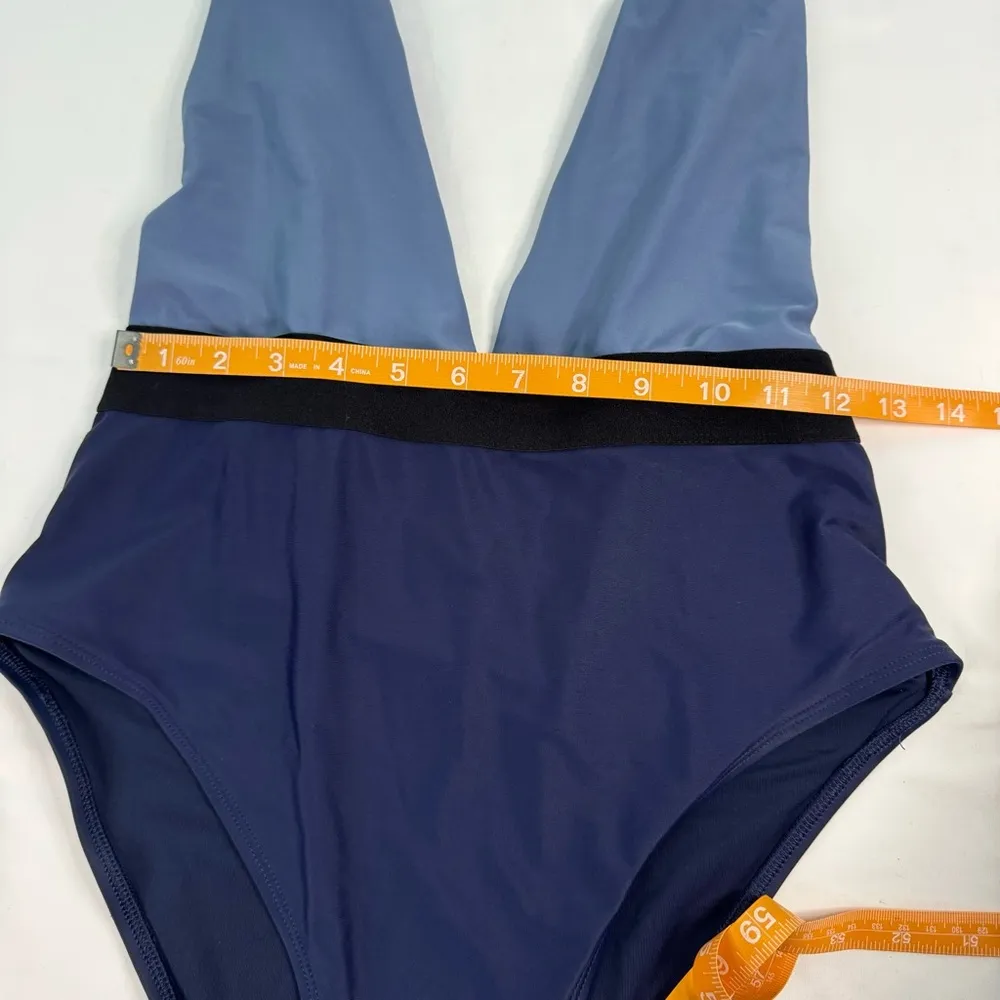 Aerie One Piece Swimsuit Size L Blue Colorblock Deep V Neck Pin Up Open Back - Image 2