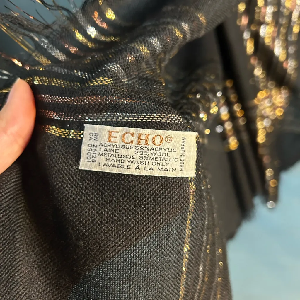 Vintage Echo Black Scarf with Gold & Silver Threads 48x51 - Image 4