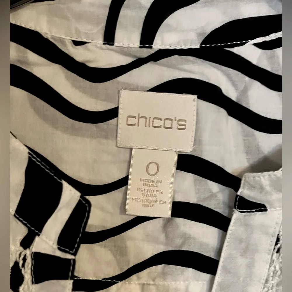 Chico’s Black & White Blouse, Embroidered Detail, 3/4 inch Sleeves, Small - Image 2