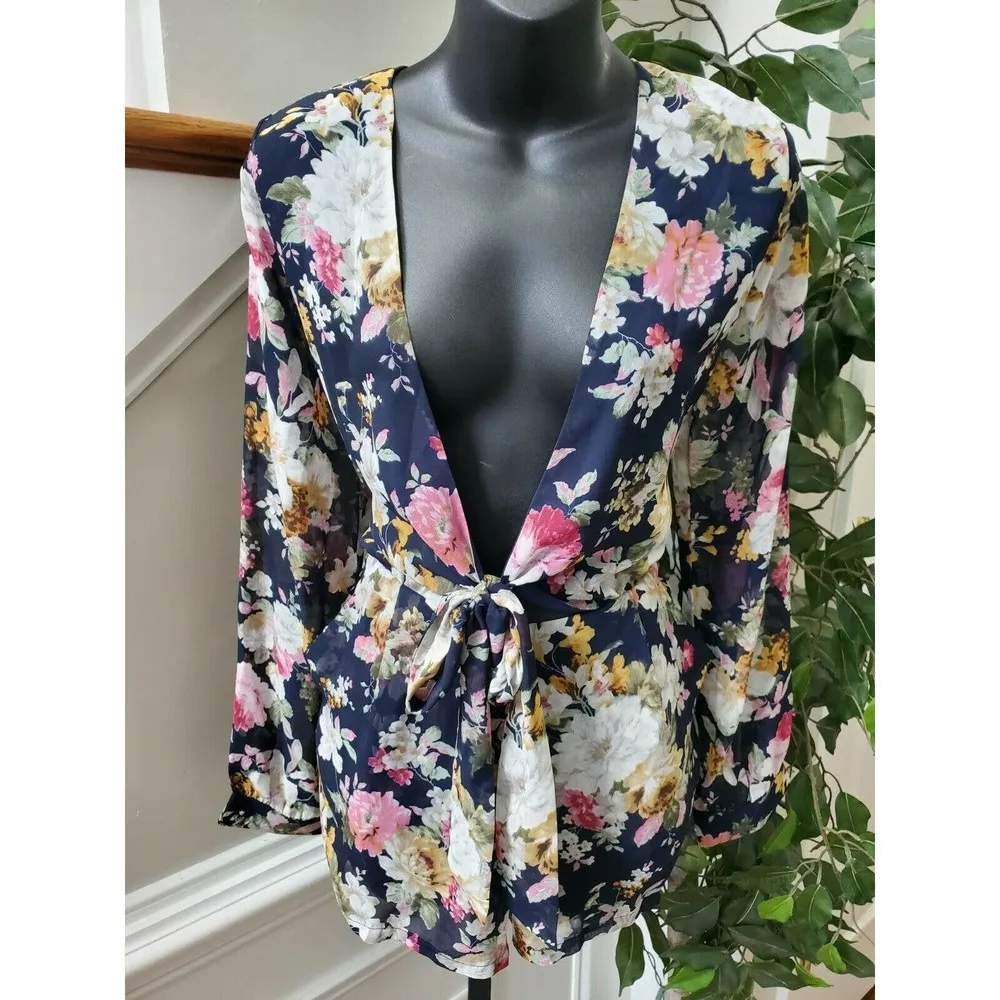 Boutique Loveriche Women Blue Floral Polyester Long Sleeve V-Neck Romper Size S - Image 6