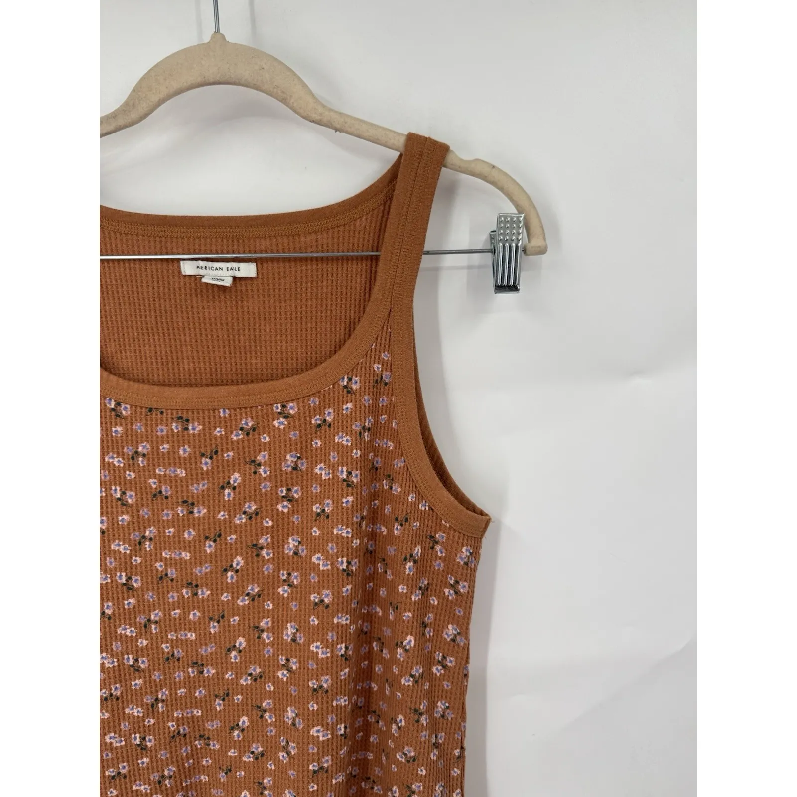 American Eagle Waffle Knit Mini Tank Dress Women M Brown Ditsy Floral Coquette - Image 10