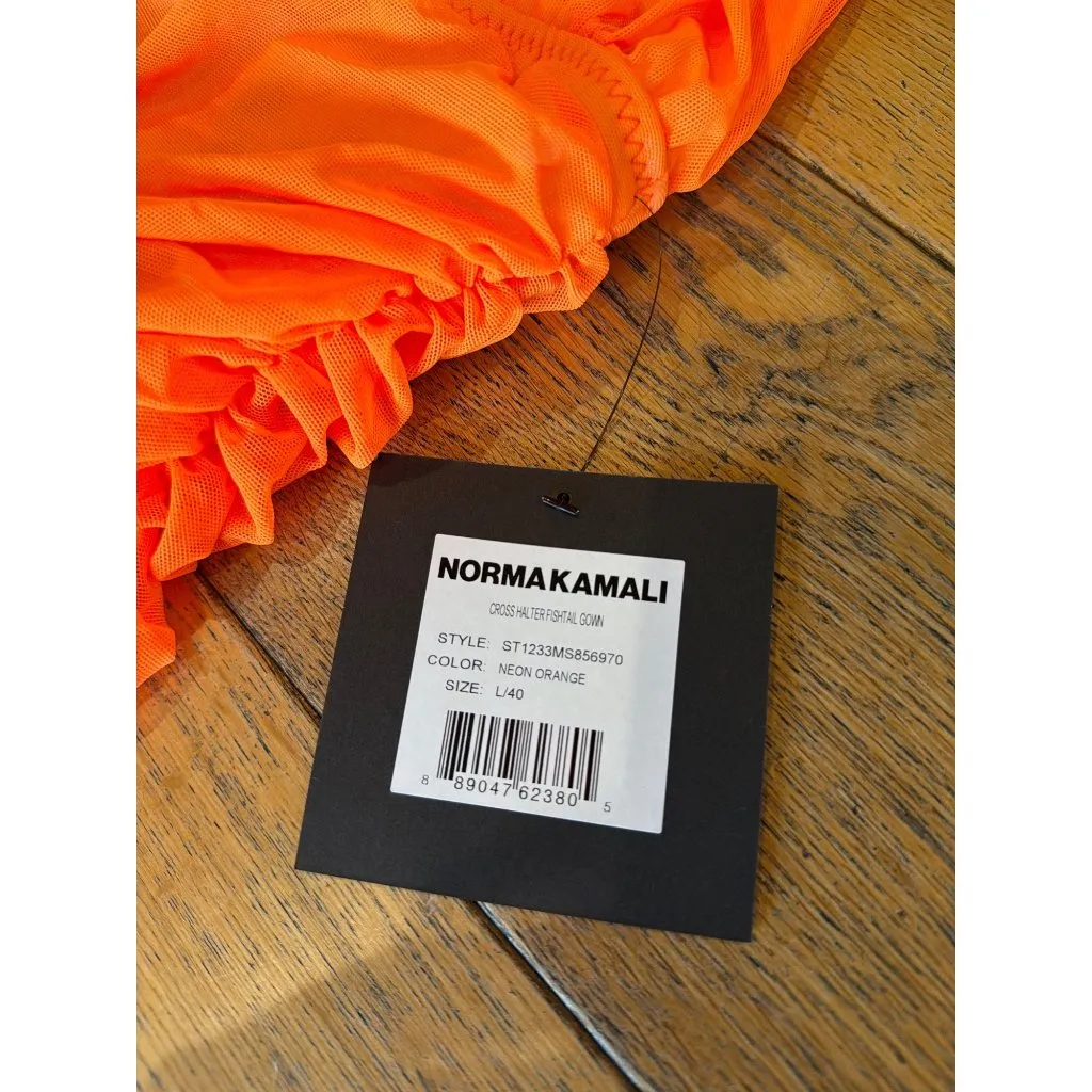 NORMA KAMALI Cross Halter Fishtail Evening Gown Neon Orange Womens Size L 40 - Image 7
