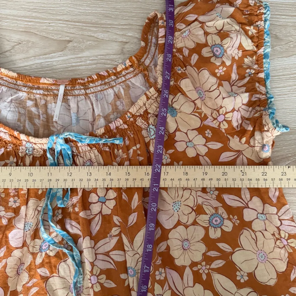 Free People Large Frankie Swing Tunic Babydoll Honey Ginger Orange Floral Hippie - Image 6