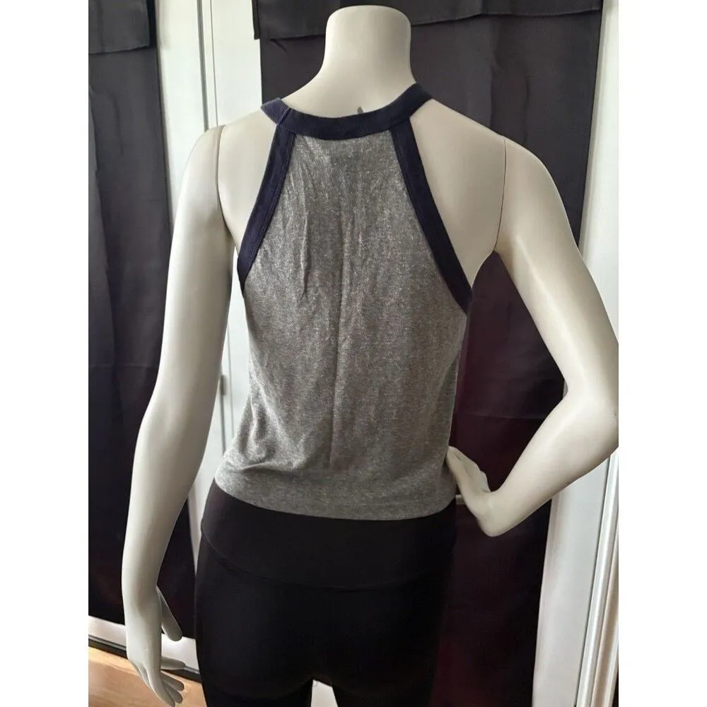 RUE 21 Hi-Neck Halter Cropped Tank Top Navy Trim Gray Sleeveless Shirt Summer - Image 4