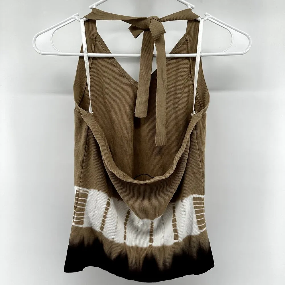 Cyrus  Knit Halter Top Colorblock V-Neck Adjustable Stretch Tan White Medium - Image 4