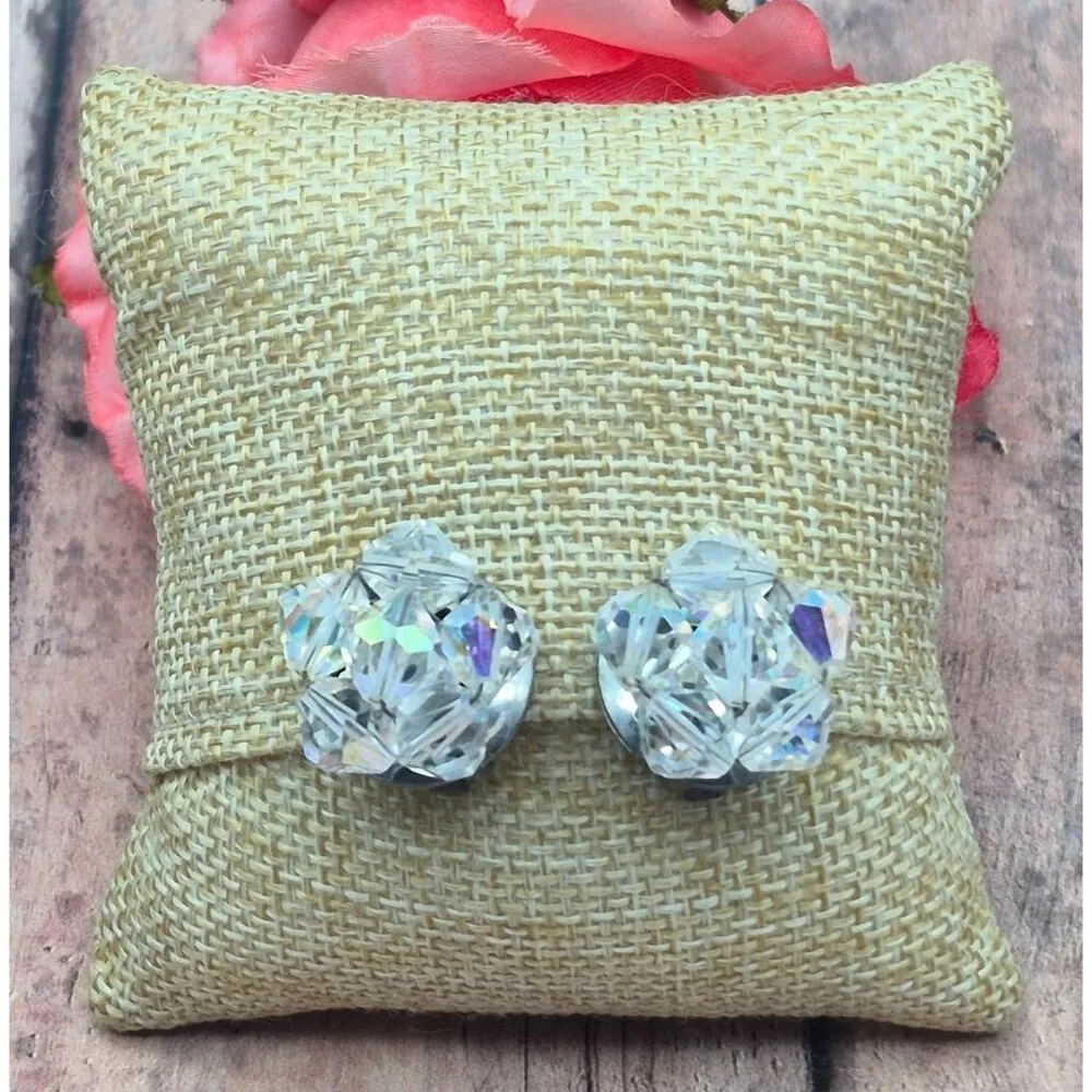 Vintage AB Crystal Collar Necklace & Clip On Cluster Earrings Set Arora Borealis Silver - Image 5