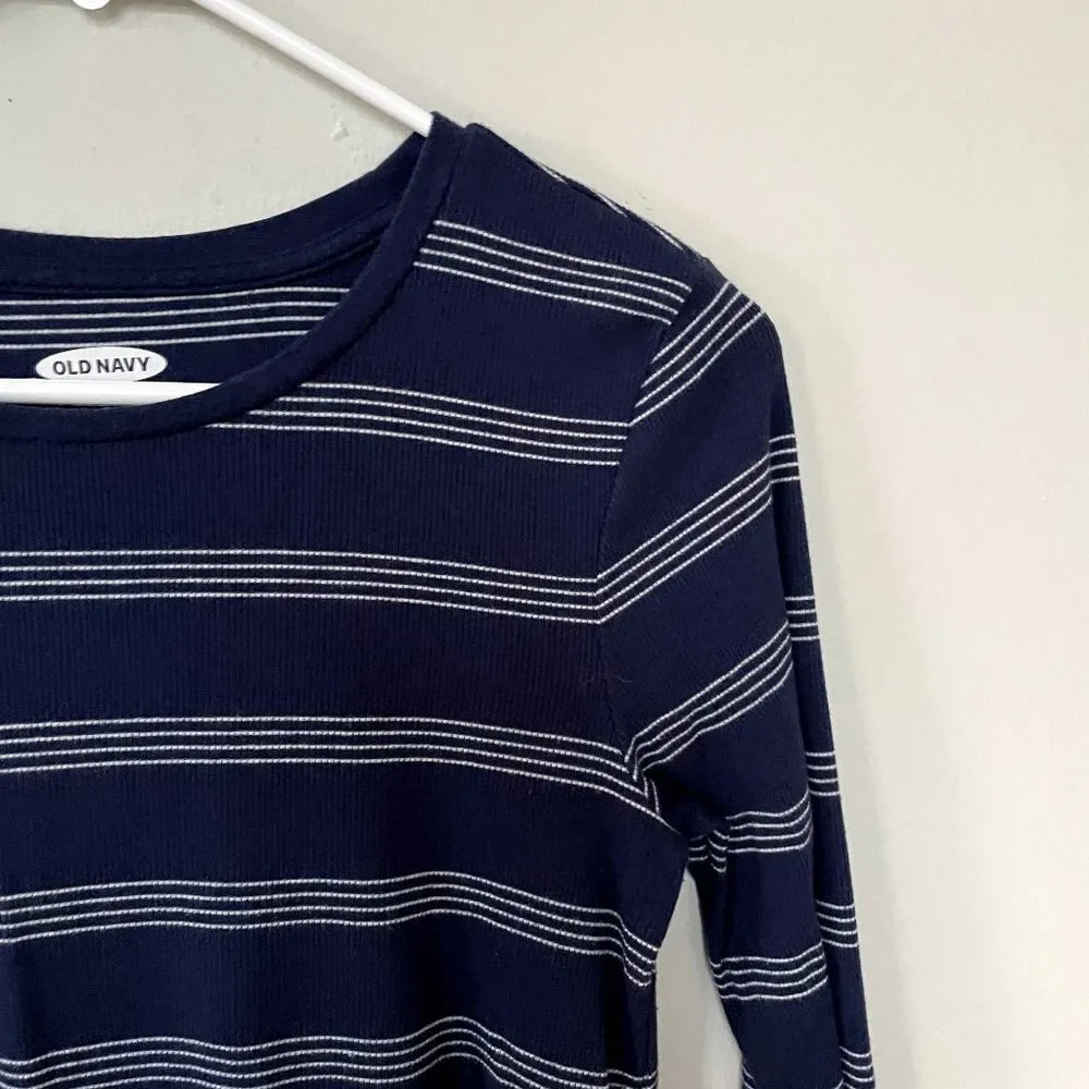 Old Navy dark blue white striped long sleeved casual comfortable crewneck shirt - Image 2