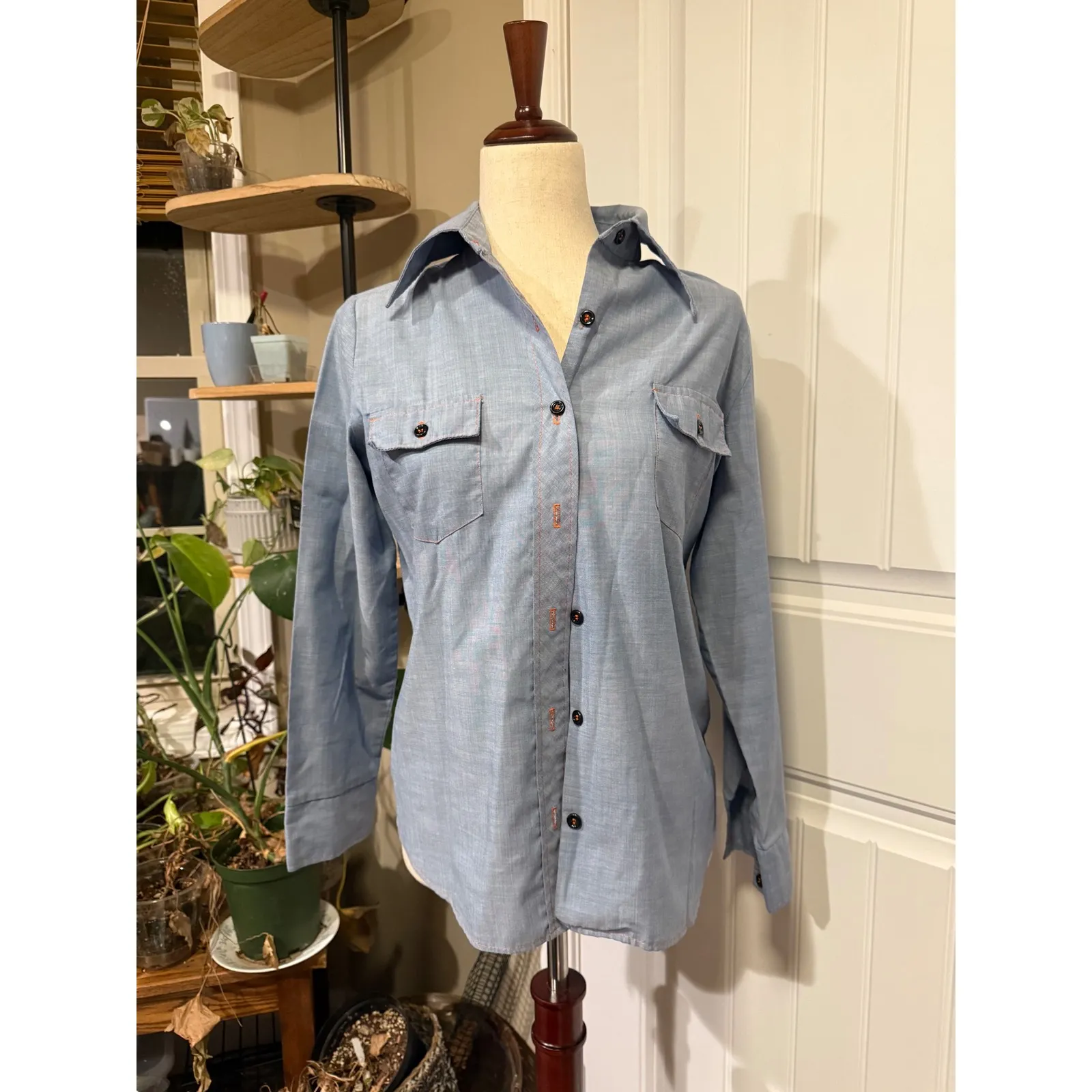 JCPenney Fashions Vintage Blue Chambray Button Up Shirt Women Size Medium - Image 3