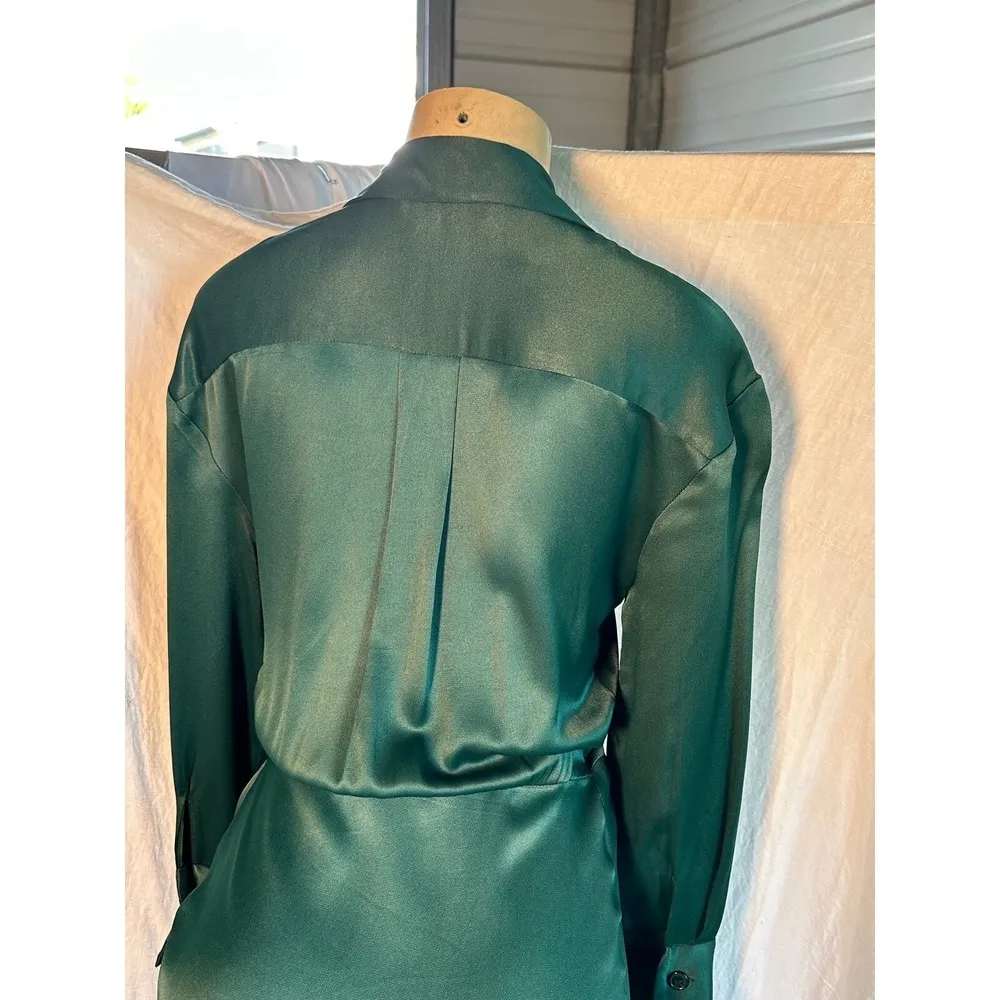 Zara Green Satin Wrap Dress Long Sleeve Midi Career Cocktail XS - Image 2