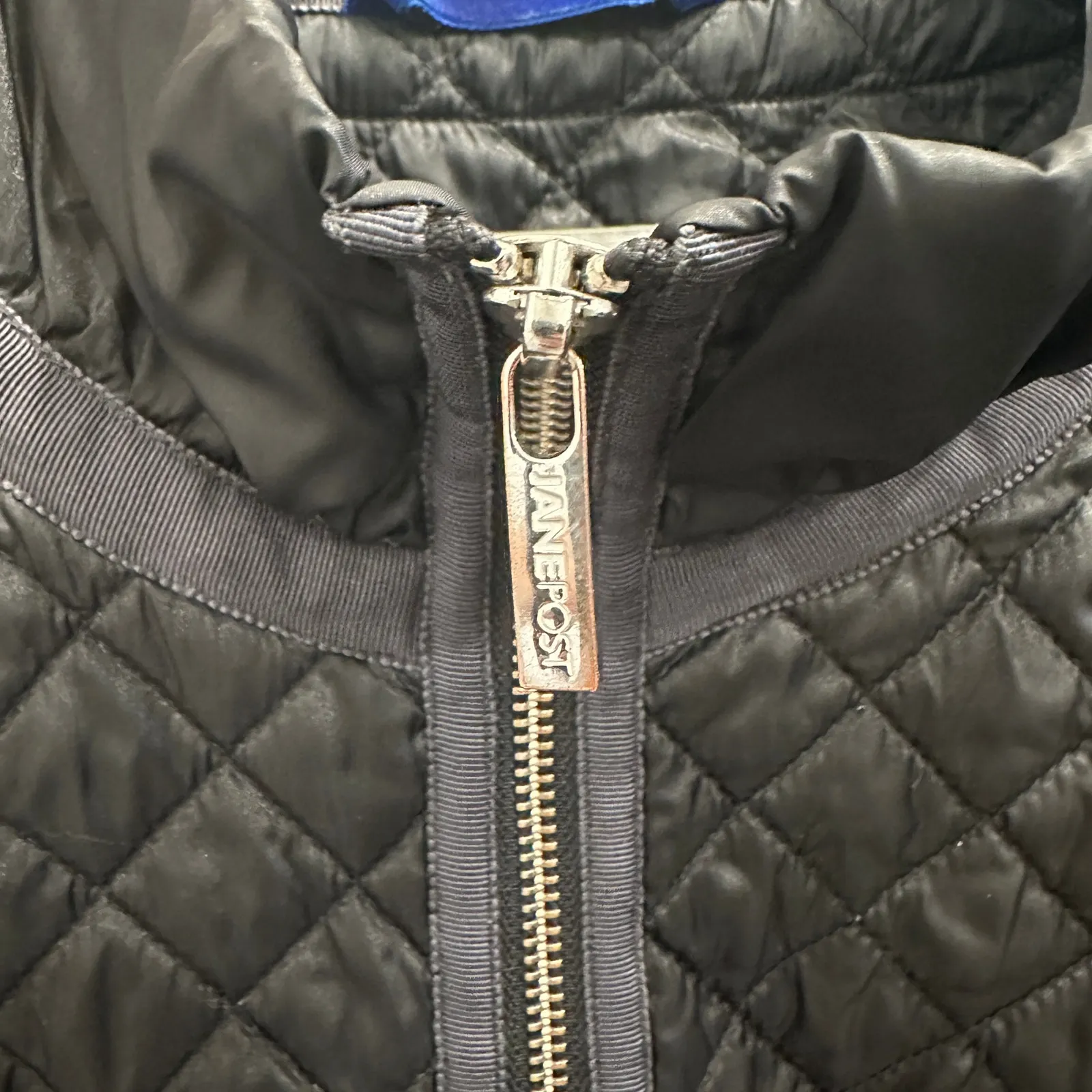 Jane Post Black Satin Quilted Jacket Lightweight Diamond Stitch Zip Front Medium - Image 5