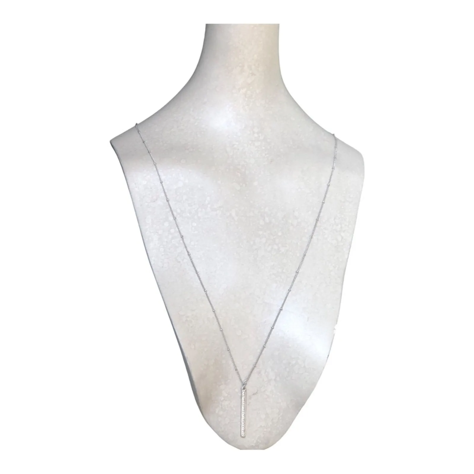 Classic Timeless Silver Plated Small Beads Cubic Zirconia Bar Pendant Necklace - Image 4