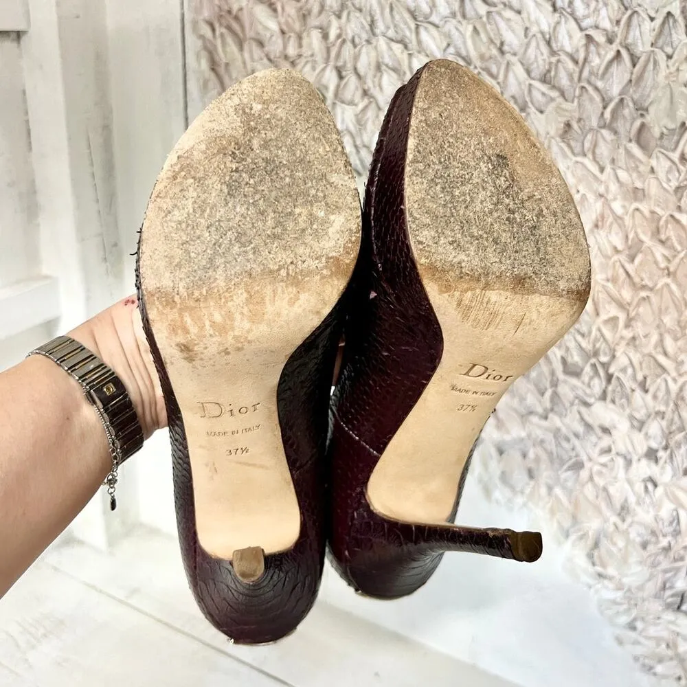 Christian Dior Embossed Python Leather Peep Toe Pumps Purple Women Size 37.5 / 7 - Image 12