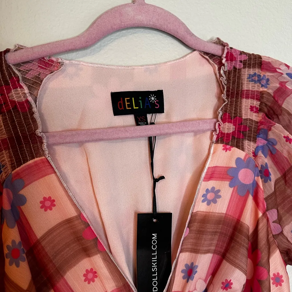 dELiA*s Pink and Brown Floral Plaid Mini Dress Size XS - Image 5