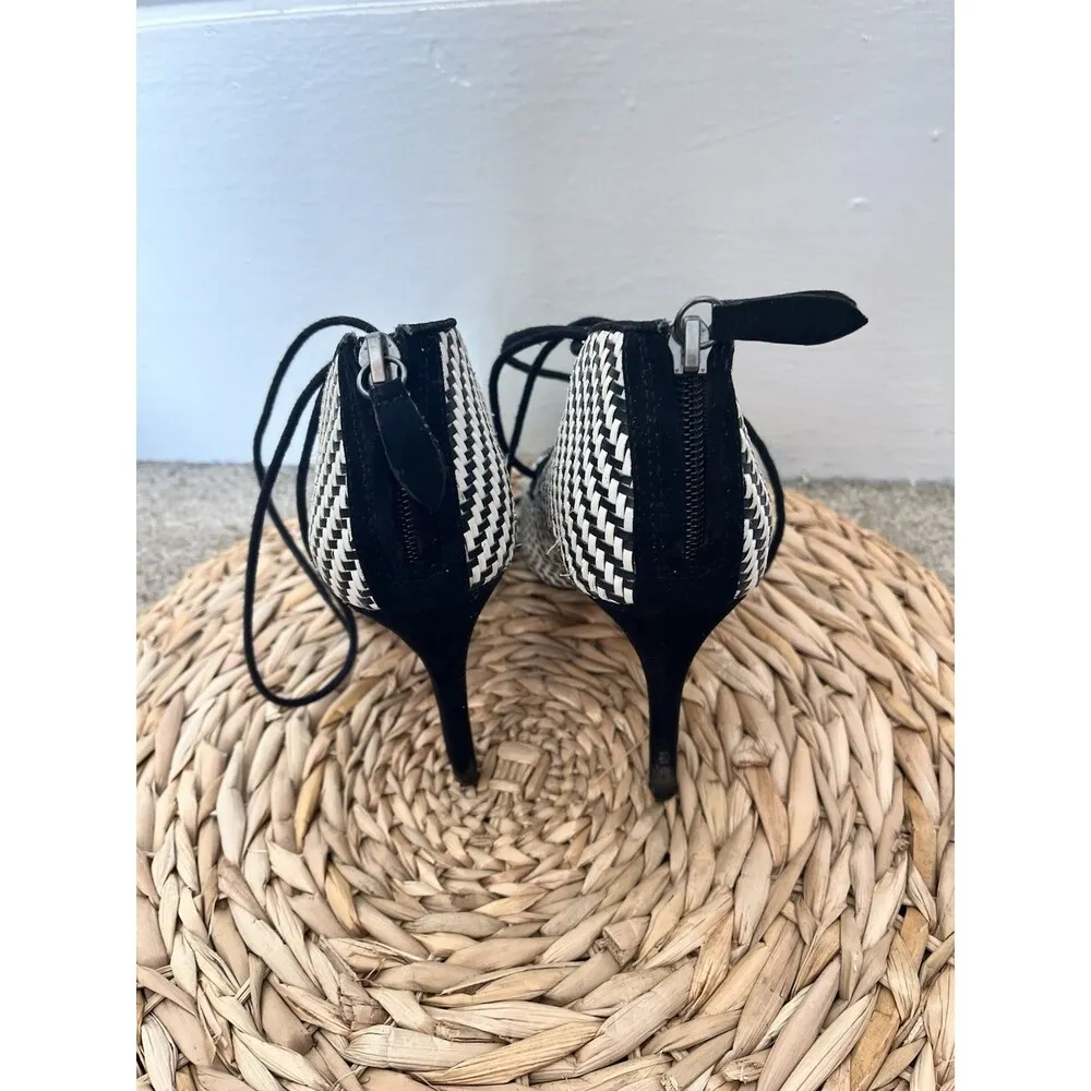 Zara sz 6.5 Black White Chevron Square Peep Toe Lace Up Stiletto Heels - Image 3