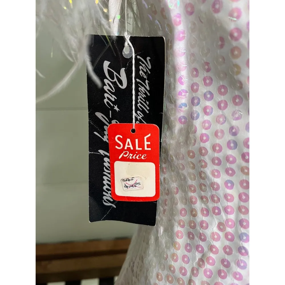 Vintage 1980s White Aurora Borealis Sequin Deadstock Dress Marabou Feathers Med - Image 6